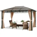 Produktbild: Gartenpavillon 3x4 m wasserdicht ALU Deluxe Pavillon mit 4 Seitenteilen Partyzelt in Taupe lichtdurchlässiges Hardtop Dach - Braun
