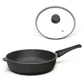 Produktbild: Hoffmann Germany Bratpfanne Schmorpfanne Ø 24 cm hoher Rand mit Deckel – Made in Germany, Aluguss (Set, 2-tlg., 1x Pfanne Ø 24 cm mit hohem Rand + 1x Glasdeckel), abnehmbarer Griff, Antihaft, backofenfest bis 250°C, Induktion schwarz Ø 24 cm