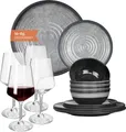 Produktbild: Melamin Camping Geschirr Set 4 Personen Stone Grey + 4 Milano Rotwein Gläser Rot Weingläser Tafelgeschirr Picknick BBQ Kochgeschirr
