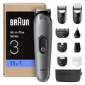 Produktbild: Braun All-in-One Trimmer-Set 3, 11-in-1 Multigroom, Barttrimmer, Nasenhaartrimmer, Haarschneidemaschine für Gesicht und Kopf, 50 Min Akku, 14 Längen (3–21 mm), AIO3565, Grau
