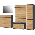 Produktbild: Germania 6-TLG. Garderoben-Set 8797-562 GW-Lissabon, bestehend aus Schuhschrank, Spiegel, Schuhbank, Sitzkissen, Garderobenpaneel und Garderobenschrank, im Dekor Anthrazit/Navarra-Eiche-Nb.