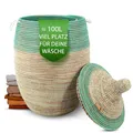 Produktbild: YAADU Wäschekorb mit Deckel 100L – Großer Wäschesammler mit Deckel, Geflochtene Wäschetonne, Boho Wäschekorb mit Henkeln, Wäschebehälter für Schmutzwäsche, Modell Napata (Türkis)