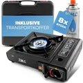 Produktbild: Z.M.C Gaskocher 1-flammig inkl. Adapter für LPG + Aufbewahrungskoffer + 8 Gaskartuschen 227g, Campingkocher für Outdoor und Innenraum, Campinggaskocher 2,2 kW mit Piezozündung