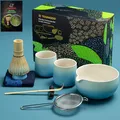 Produktbild: TEANAGOO Matcha Set - Schüssel Mit Ausguss, Bambus Whisk, Schaufel, Halter - Tee-Set (7-teilig) + 2 Tassen (7,2 Unzen), S31, Farbverlauf Blau