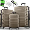 Produktbild: tillvex® Reisekoffer Set 3-TLG. + Gepäckwaage, 6X Koffergurte & 3X Kofferanhänger | Kofferset 4 Rollen | Trolley Gepäck Koffer TSA Schloss | Rollkoffer Hartschalenkofferset S-M-L-XL (Roségold)