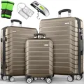 Produktbild: tillvex® Reisekoffer Set 3-TLG. + Gepäckwaage, 6X Koffergurte & 3X Kofferanhänger | Kofferset 4 Rollen | Trolley Gepäck Koffer TSA Schloss | Rollkoffer Hartschalenkofferset M-L-XL (Roségold)