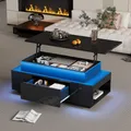 Produktbild: Merax Couchtisch Höhenverstellbar, Hochglanz Wohnzimmertisch mit LED, Stauraum und Schublade, Für Büro, Party, Studium, Schwarz