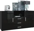 Produktbild: Vladon Sideboard Skadu, Kommode mit 2 Türen, 3 Schubladen und 1 offenem Fach, Schwarz matt/Schwarz Hochglanz (138,5 x 71,5 x 35 cm)