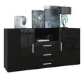 Produktbild: Vladon Sideboard Skadu (Kommode, mit 2 Türen, 3 Schubladen und 1 offenem Fach), Schwarz matt/Schwarz Hochglanz (138,5 x 71,5 x 35 cm)