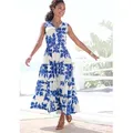 Produktbild: Maxikleid VIVANCE, Damen, Gr. 36, N-Gr, blau (creme, blau bedruckt), Web, Obermaterial: 100% Viskose, bedruckt, figurumspielend knöchelfrei, V-Ausschnitt, Kleider Maxikleid, mit Volants, Sommerkleid