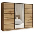 Produktbild: Masseno Schwebetürenschrank PINA 250 cm Kleiderschrank mit Spiegel 3 Türen Eiche Wotan braun|schwarz 250 cm x 205 cm x 58 cm