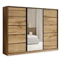 Produktbild: Masseno Schwebetürenschrank PINA 250/205/58 cm Kleiderschrank mit 4 Schubladen Schlafzimmer Schiebetürenschrank 3-türig mit Spiegel Eiche Wotan