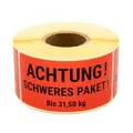 Produktbild: MDlabels Warnetiketten auf rolle 100x50mm 500 Stück Achtung Schweres Paket bis 31,5 kg - Versandaufkleber- Kennzeichen für Pakete
