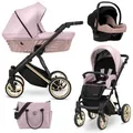 Produktbild: KUNERT Kombi-Kinderwagen IVENTO PREMIUM 3in1 Öko-Leder Kinderwagen mit Goldrahmen und Zubehör, 2in1-Set mit Tragetasche und Sportsitz, ergonomische Bambusmatratze rosa
