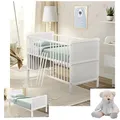 Produktbild: Baby Delux Babybett 70x140 cm weiß Kinderbett umbaubar zum Juniorbett mit Beißschienen Jack Kiefer Massivholz inkl. Teddy Kuscheltier