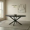 Produktbild: Esstisch CHESTER rund 120 cm, Schwarz – Ausziehbar bis 160 cm schwarzes Metallgestell,Tischplatte mit Holzdekor modernes Design, ideal für Esszi... - Schwarz