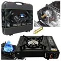 Produktbild: Campingkocher 2in1 Gas 2500W | Tragbarer Gaskocher mit Piezozündung, für Kartusche & Gasflasche | Outdoor Kocher inkl. Koffer & Windschutz
