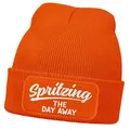 Produktbild: MoonWorks® Damen Beanie mit Patch Strickmütze mit Spruch Spritzing The Day Away Aufdruck Lustig Damenmütze Orange Unisize
