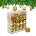 Produktbild: Relaxdays Weihnachtskugeln 110er Set, Kunststoff, Weihnachtsbaumdeko mit Kugeln & Lametta UVM., Christbaumschmuck, Gold