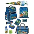Produktbild: Familando Schulranzen CLOU Schultasche 1.-4. Klasse ergonomisch, leicht, Volumen 15 Liter (Komplett-Set, 10-tlg., mit Lunch-Set, Sporttasche und Schultüte 85 cm), Dino T-Rex Dinosaurier Motiv blau