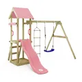 Produktbild: WICKEY Spielturm Klettergerüst TinyCabin mit Schaukel & Pastellpinker Rutsche, Outdoor Kinder Kletterturm mit Sandkasten, Leiter & Spiel-Zubehör für den Garten