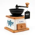 Produktbild: ELMA Manuelle Kaffeemühle aus Keramik für dekorative Zwecke, Retro-Vintage-Stil, braun auf Holz, Handkurbel-Kaffeemühle, tragbare Kaffeemühle im antiken Design | Helle Holzfarbe