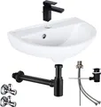 Produktbild: Waschbecken Komplettset Rosmarin 45 cm mit Hansgrohe Armatur Ablaufgarnitur schwarz und Siphon + Schell Eckventil
