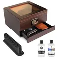 Produktbild: Case Elegance Handgefertigter Humidor aus Zedernholz mit digitalem Hygrometer vorne, Luftbefeuchterlösung und Zubehörschublade für 25-50 Zigaretten