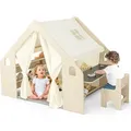 Produktbild: COSTWAY 6In1 Kinderzelt Holz mit verstellbarer Kindertisch, Stuhl, Kinderregal, 6 Aufbewahrungsbehälter&Matte, Spielhaus für Drinnen, 6 Kinder 2+... - Beige