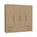 Produktbild: FORTE Jupiter Schrank 200 210, Kleiderschrank, Drehtürenschrank, 4-türig, mit 4 Schubladen und Einlegeböden, Holz Dekor: Artisan Eiche, 206 cm breit x 59 cm tief x 200 cm hoch