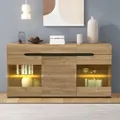 Produktbild: Merax Sideboard mit LED-Lichtstreifen, Moderne Kommode mit 3 Türen und 3 Schubladen, Anrichte mit Glasablage, Schwarz + Holz