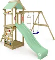 Produktbild: WICKEY Spielturm Klettergerüst FreeFlyer mit Schaukel & Rutsche, Kletterturm mit Sandkasten, Leiter & Spiel-Zubehör – pastellgrün