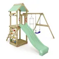 Produktbild: WICKEY Spielturm Klettergerüst FreeFlyer mit Schaukel & pastellgrüner Rutsche, Outdoor Kinder Kletterturm mit Sandkasten, Leiter & Spiel-Zubehör für den Garten