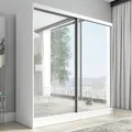 Produktbild: A&J MöbelLand Schwebetürenschrank Ivar Kleiderschrank 200 cm mit Spiegel und Schubladen, moderner Schlafzimmerschrank mit Schiebetüren (Weiß)