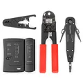 Produktbild: deleyCON Netzwerk Werkzeug Set 4-teilig mit Tasche LSA Auflegewerkzeug Abisolierzange Kabeltester Crimpzange für IT Computer Netzwerk LAN CAT Werkzeug RJ11 RJ12 RJ45 Schwarz Rot