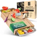 Produktbild: Loco Bird Schneidebrett mit Auffangschalen - 43x30x7cm groß -, Bambus, (Küchenbrett aus Bambus, 1-St., mit 2 Schalen aus Edelstahl), Ideales Küchenhelfer Gadget Set für die Küche
