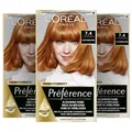 Produktbild: L'Oréal Paris Permanente Haarfarbe, Haarfärbeset mit Coloration und Farbglanz-Pflegebalsam, Préférence, 7.4 Kupferblond, 3er Set