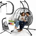 Produktbild: Juskys Doppelhängesessel Aria - Polyrattan Hängesessel mit Gestell & Kissen - Grau