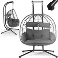 Produktbild: Doppelhängesessel Aria - Polyrattan Hängesessel Mit Gestell & Kissen - Schaukel Für Zwei Personen - Outdoor Indoor Sessel - Xxl Korb Grau - Juskys