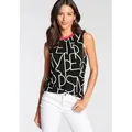 Produktbild: Shirttop LAURA SCOTT, Damen, Gr. 42, schwarz (schwarz, pink), Single Jersey, Obermaterial: 95% Viskose, 5% Elasthan, bedruckt, gemustert, kontrastfarbene Details, mehrfarbig, figurumspielend hüftlang, Rundhals, Tops Shirttop, figurumschmeichelnde Passform, hüftlange Schnittform
