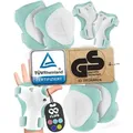 Produktbild: 99FLIPS Protektoren-Set Schoner Inliner skates Kinder Set Skateboard Protektoren Schützer (Knieschoner Kinder Schutzausrüstung für Rollschuhe & Skateboard, 6-tlg., Knieschützer, Ellenbogen Schützer & Handschützer inkl. Tasche), Schlittschuhe Schoner Geschenke für Kinder grün XS - 3-8 Jahre