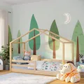 Produktbild: Bellabino Abia Kinderbett 90x200 cm – Hausbett mit Rausfallschutz & Lattenrost – Montessori Bodenbett aus Massivholz Kiefer – Kinder Bett in Natur für Jungen und Mädchen