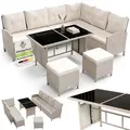 Produktbild: Juskys Polyrattan Lounge Manacor – Gartenlounge Mit Sofa, Tisch, 2 Hocker & Kissen – Gartenmöbel Set Bis 8 Personen – Creme, Sitzbezüge In Sand
