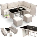 Produktbild: Juskys® Polyrattan Lounge Manacor mit Ecksofa, Esstisch, 2 Hocker & Kissen - Creme/Sand - wetterfest bis 7 Personen - Bezüge waschbar - Rattan Garten Sitzgruppe Gartenlounge Gartenmöbel Set