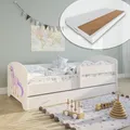 Produktbild: Kids Collective Kinderbett 70x140 / 80x160 Komplett Set inkl. Matratze, Lattenrost, Schublade & Rausfallschutz | Einzelbett für Kinder von 2 – 10 Jahren | 80x160 cm | weiß mit Einhorn Motiv