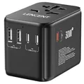 Produktbild: LENCENT Universeller Reiseadapter GaN III 30W, International Adapter mit 2 USB-A&3 USB-C PD Schnellladung Anschlüssen, Weltweite Reisestecker für Typ A/C/G/I, USA/UK/EU/AUS Steckdosen, Schwarz