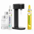 Produktbild: Sparpaket: Mysoda Ruby - Wassersprudler aus Aluminium mit 1L und 0,5L BPA-freier Plastikflasche, CO2-Zylinder Classic + CO2-Zylinder Zitrone (Schwarz)