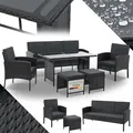 Produktbild: Juskys Gartenmöbel Set Polyrattan 6-teilig – Lounge Möbel Turin für 7 Personen mit Sesseln, Hockern, Tisch & Kissen, wetterfeste Balkonmöbel Sitzgruppe – Schwarz