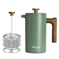 Produktbild: Poliviar French Press Kaffeebereiter 1 Liter/8 Tassen, Doppelwandige Isolierte Kaffeekanne und Teebereiter, Handfilter Kaffeepresse mit Plunger & Griff aus Holz, Flatland (Grün) JX2020-FPN-DE