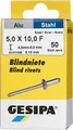 Produktbild: GESIPA Blindniete Mini-Pack 50 Stück (Alu/Stahl 5x10, Nietschaft-ø 5 mm, Scherkraft 2000 N, Zugkraft 2800 N, Flachrundkopf) 1433537